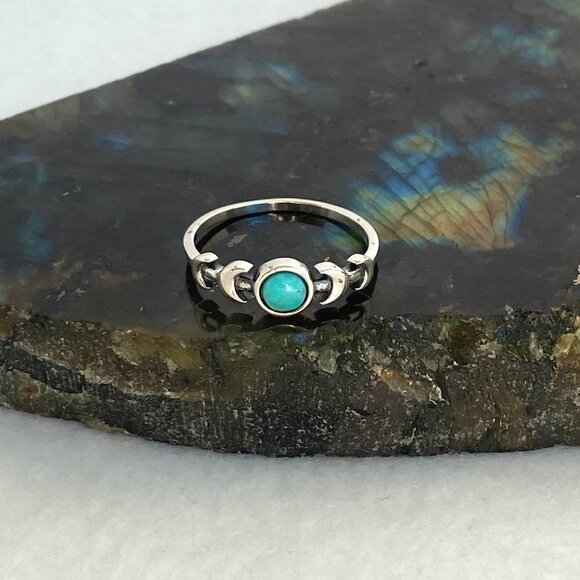 Sterling Silver 925 Dainty Minimalist Crescent Moon Turquoise Band Ring Sz 4.75 - Picture 5 of 16
